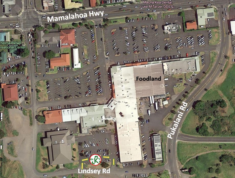 Aerial map of Parker Ranch Center showing Mr. K's Waimea collection site in the parking lot behind the food court, off Lindsey Road.